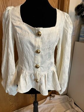 Atoir Cream Textured Peplum Blouse with Gold Buttons